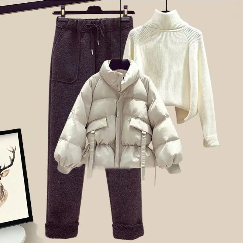 Fashion Women\'s Suit Autumn and Winter 2022 Short Down Cotton Coat Sweater Woolen Casual Pants Fashion Suit Three Piece Suit