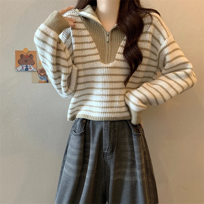 

Вязаный Топ с длинным рукавом и отложным воротником, на молнии