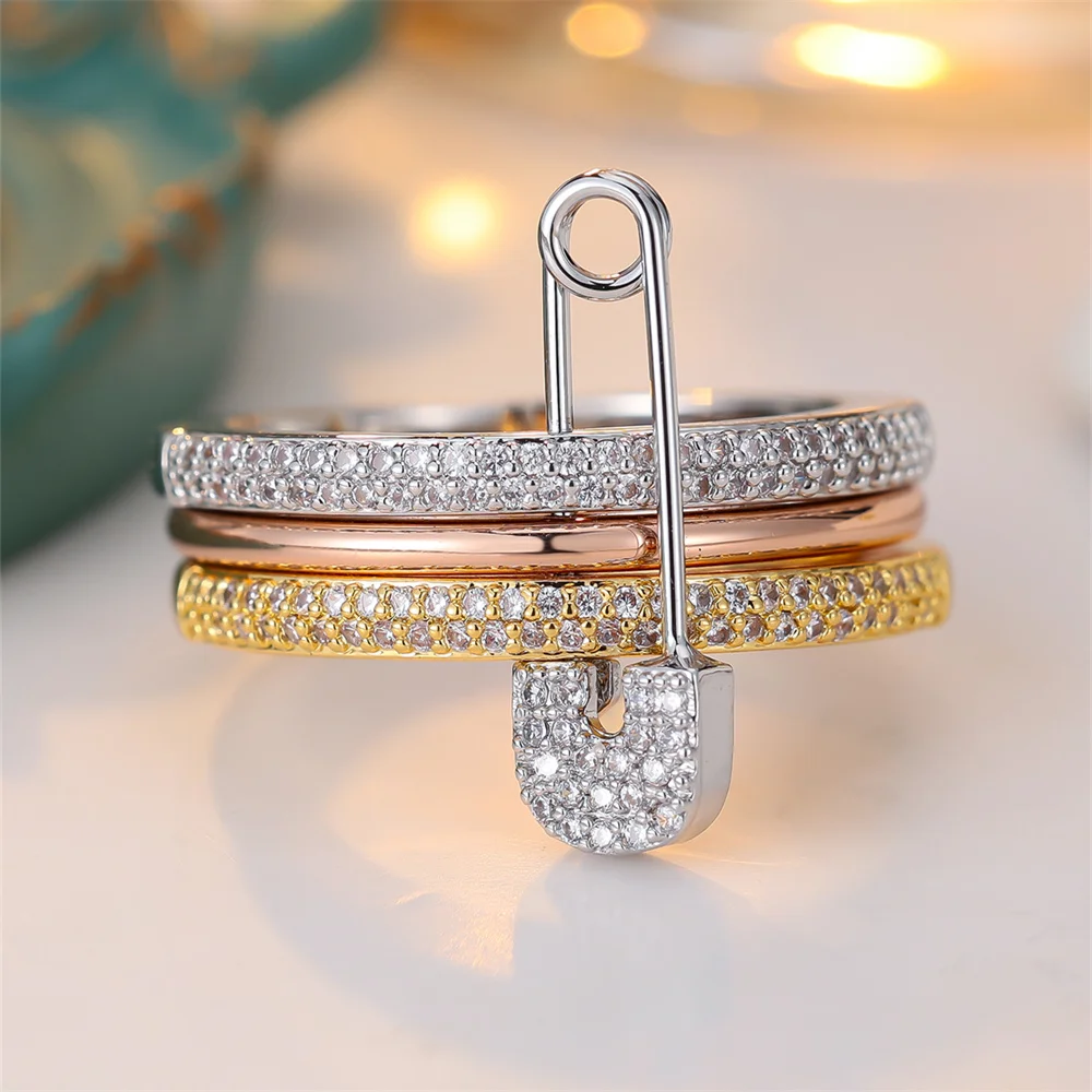 Trendy White Zircon Creative Pin Rings Sets For Women Rose Gold Silver Color Engagement Bands Wedding Jewelry Set Versatile Gift