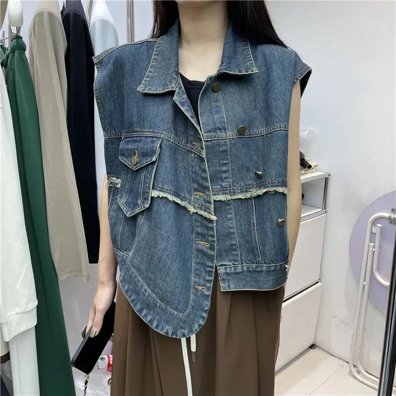

New Irregularity Single Breasted Denim Vest Jacket Women Solid Color Lapel Pocket Waistcoat Outwear Female Streetwear Fashion