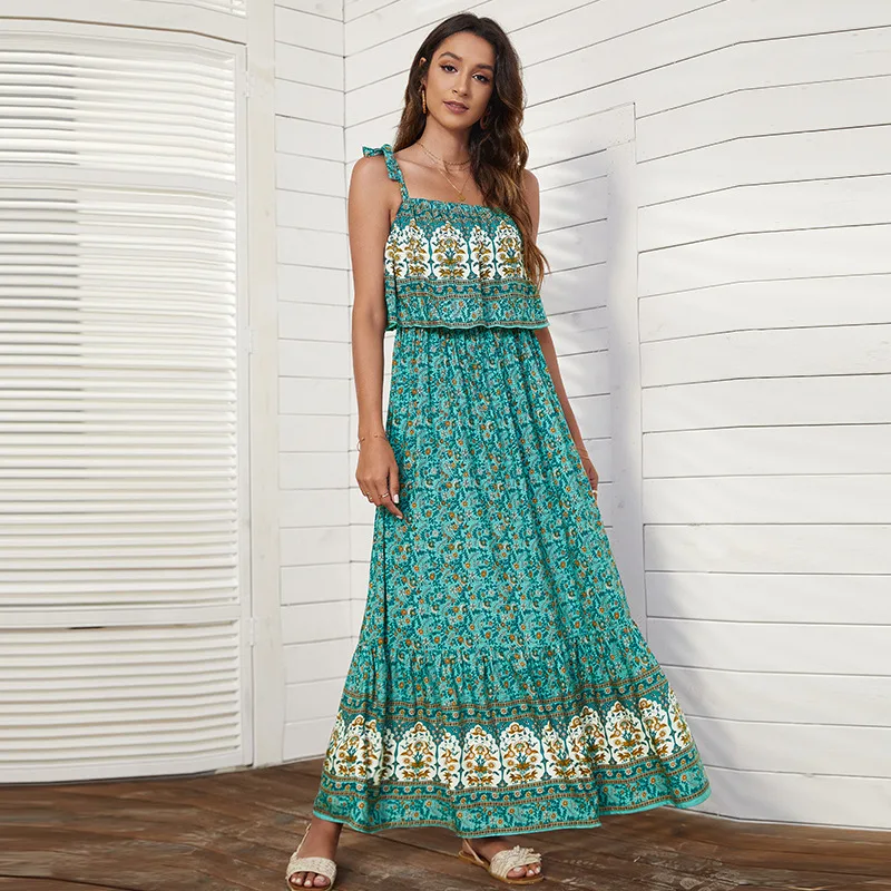 thumbnail image 1 of Vestido largo bohemio sin mangas con tirantes y espalda descubierta de TEELYNN para mujer, vestido largo vintage de algodón con estampado floral, vestidos de playa de verano 2023, 1 of 5