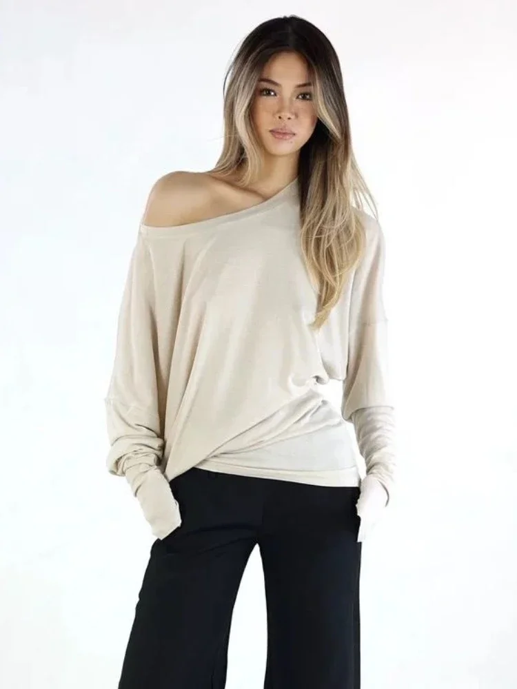 Oversized Grunge Solid Casual T-Shirt Pleated Vintage Simple Off Shoulder Tees All Match Streetwear Tshirts Korean Y2k Aesthetic 3