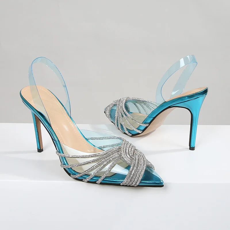 

European and American Pointed High Heels 2023 Early Spring New Transparent Rhinestone Sandals Women's Slim Heels Large