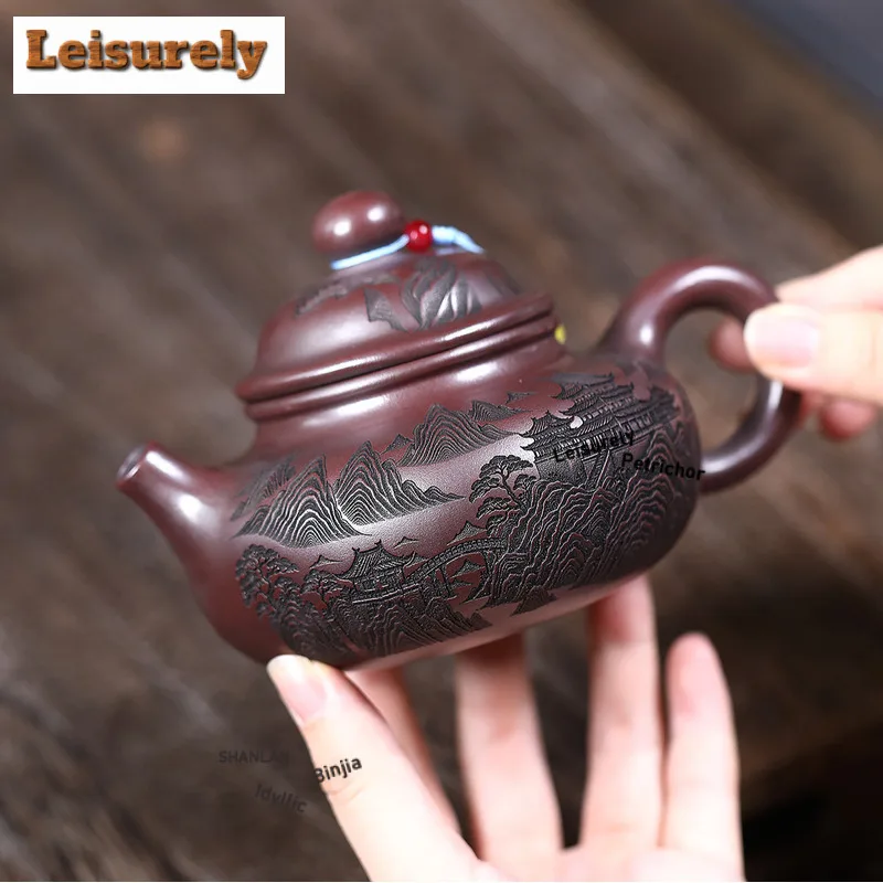 300ml Yixing Purple Clay Teapots Famous Artists Handmade Carved Pot Raw Ore Antique Brass Mud Tea Maker Kettle Zisha Tea Set