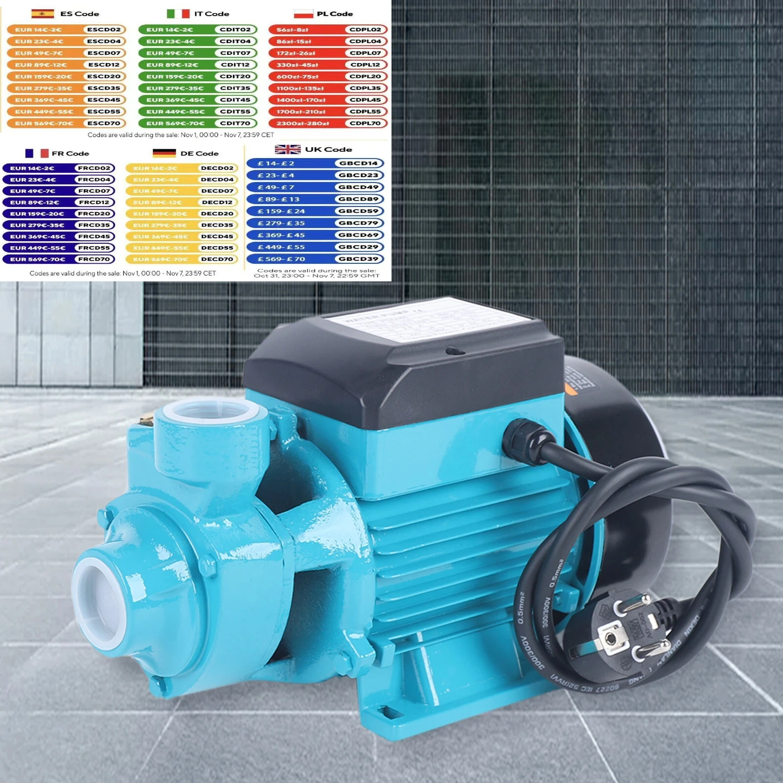 Pompe à eau bleue 370W 0,5hp, 220V, 2850 tr/min, 2m3/h, 38m, tête en fonte, pompe circulaire industrielle IP44 PQAM60