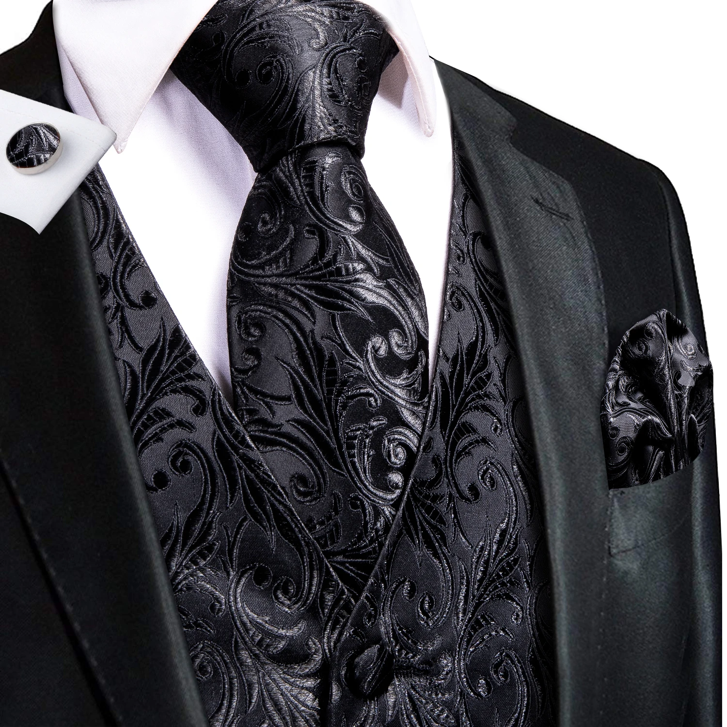 Men Silk Vest Paisley Jacquard Necktie Hankerchief Cufflinks Sets Male Sleeveless V-Neck Waistcoat Business Formal dress vests