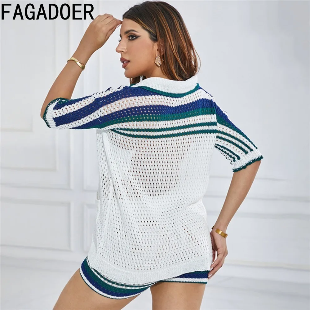 FAGADOER Summer Stripe Print Quality Knitting Two Piece Sets Women V Neck Button Short Sleeve Top And Shorts Outfits Streetwear
