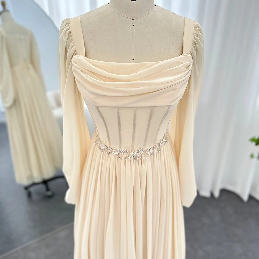 SCZ136 Dubai Beige Short Midi Arabic Evening Dress with Belt Long Sleeves Tea Length Women Formal Wedding Party Gowns 4 SCZ136 Dubai Beige Short Midi Arabic Evening Dress with Belt Long Sleeves Tea Length Women Formal Wedding Party Gowns 4
