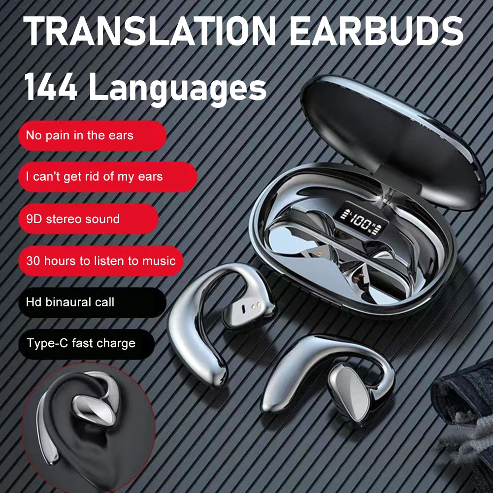 Intelligent AI Translator Earphones Real Time AI Voice Translator Earbuds 144 Languages Support Wireless Headphones for Travel