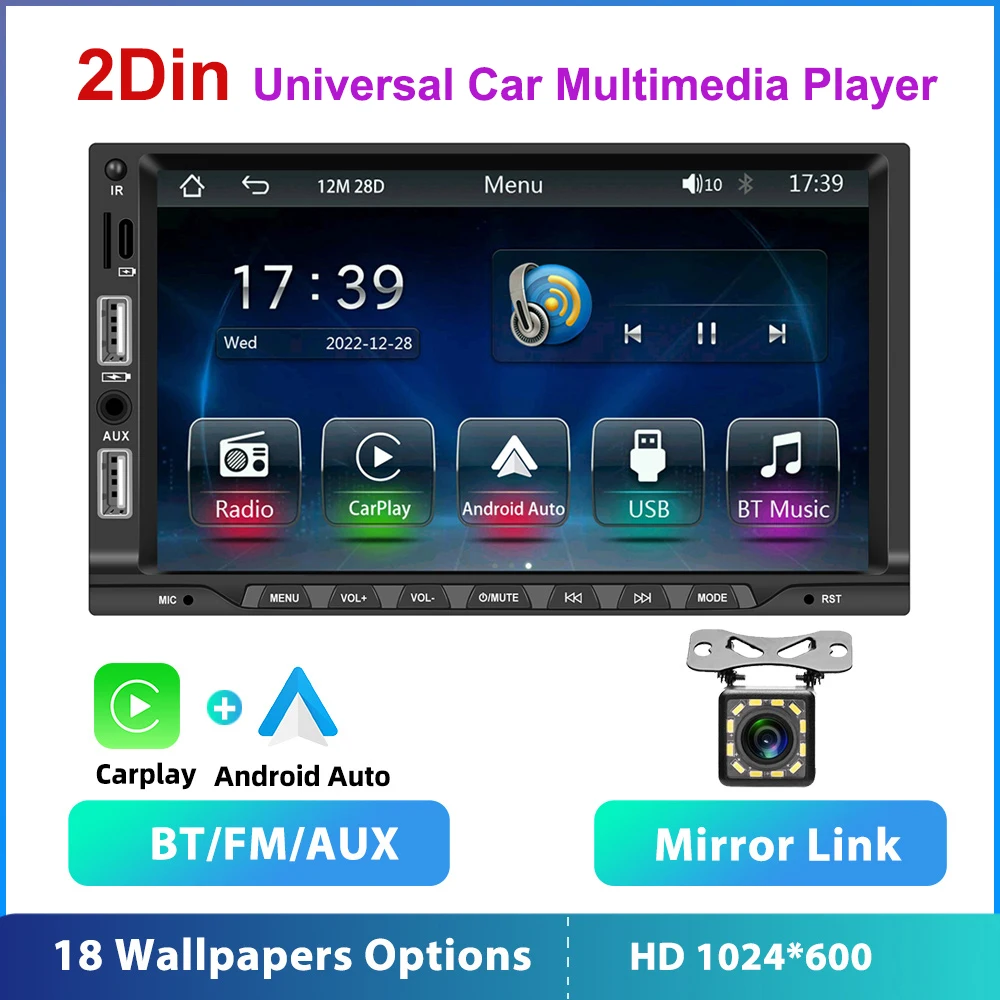Universal 2Din Car Radio Wireless Carplay Android Auto 7" Touch Screen
