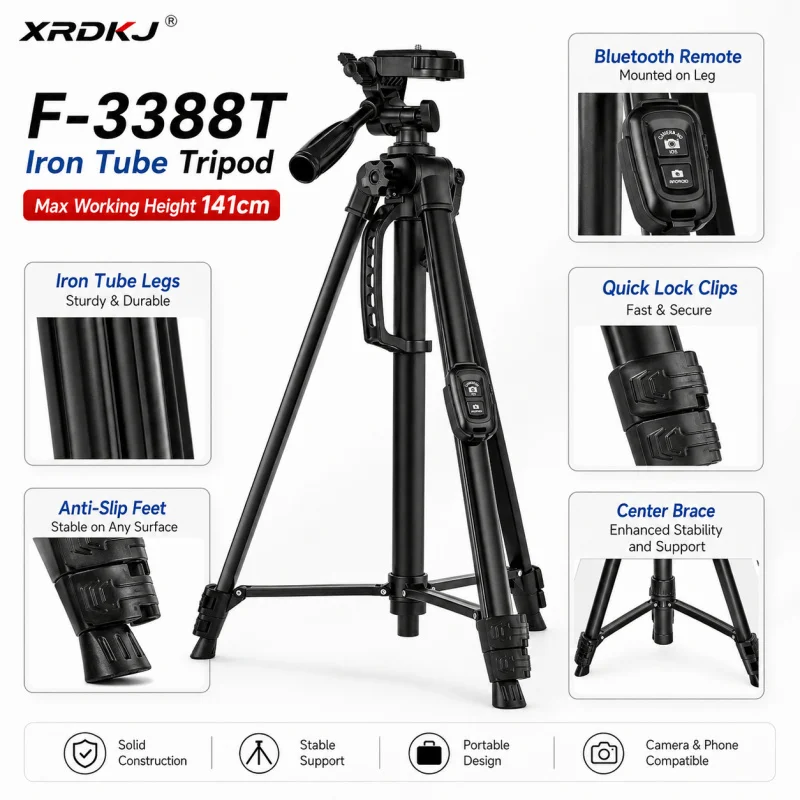 F-3388T 141cm 카메라 삼각대 스탠드(블루투스 리모컨 포함), 아이언 튜브 폰 삼각대(홀더 클립 포함), DSLR용 휴대용 여행용 삼각대