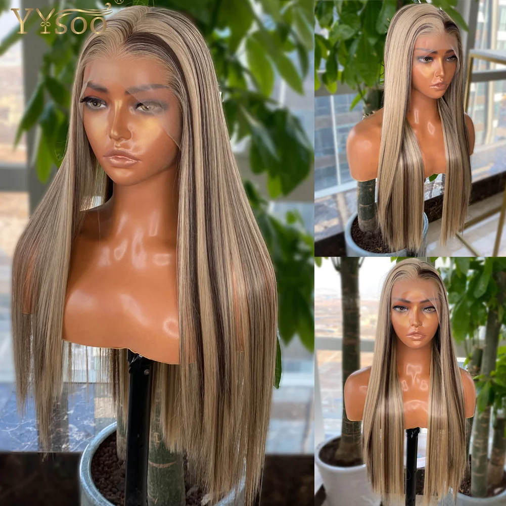 

YYsoo Long 13x4 Highlights Silky Straight Futura Synthetic Lace Front Wigs For Black Women Natural Hairline Half Hand Tied Wig