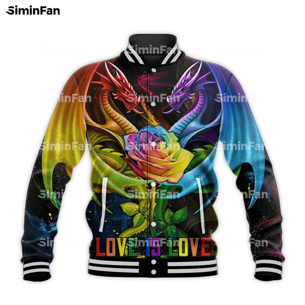 

LGBT Dragon Couple Rose PRIDE 3D Full Printed Varsity Baseball Bomber Jacket Men Coats Outwear Unisex Female Harajuku Streetwear