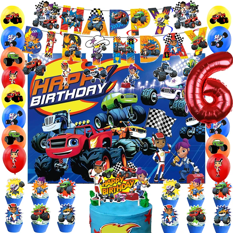 Blaze Monster Car Birthday Party Decoration Balloon Banner Fondale Cake Topper Monster Car Party Supplies Baby Shower
