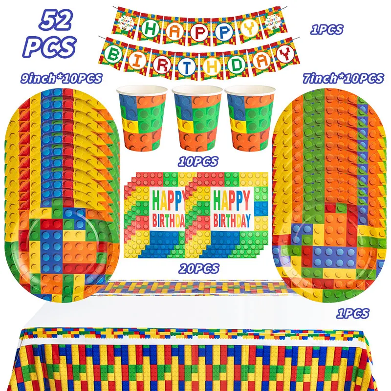 Neue Baustein-Geburtstagsparty-Dekoration: Bunte Tassen, Teller, Tischdecke, Hintergrund, Luftballons und Partyzubehör für Kinder – Detail 4