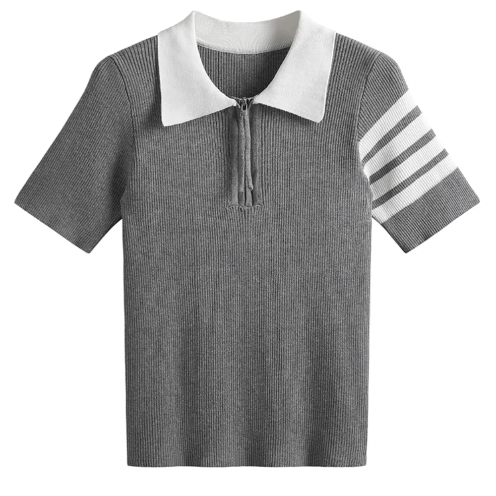 Dames Nieuw Gebreide Polo-Hals T-Shirt Luxe Tennis Gebreide Korte Mouw Casual Slim Fit Top Vrouwen Kleding