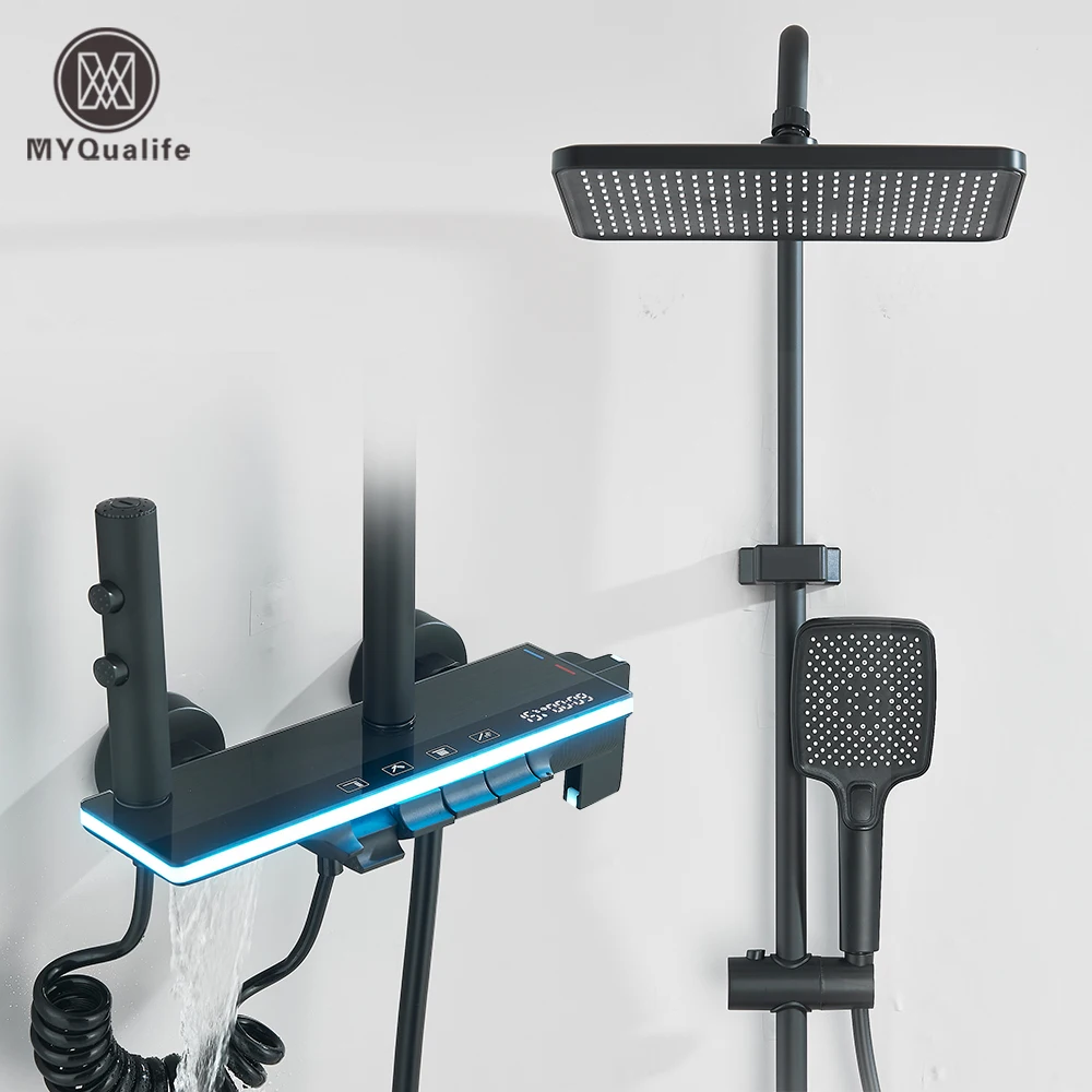 Écran d'affichage LCD, robinet de douche, salle de bains, contrôle chaud et froid, lumières de fond, ensemble de douche, système de douche Piano mural