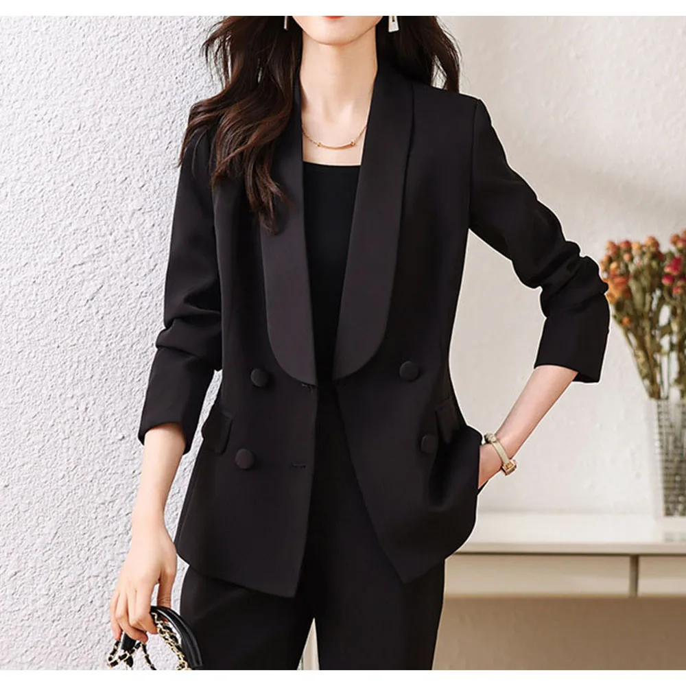 Tesco Purple Women's Suit Black Shawl Lapels Blazer Pants Formal Slim Fit Outfits For Work Interview Wear Pants Set 2 Pi