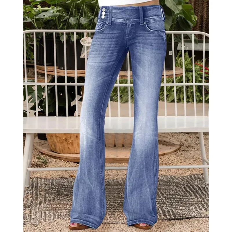 

Side Button Mid-rise Slightly Flared Women's Jeans European and American Retro Jeans Style Waist Type Fit Type Wash Length Age