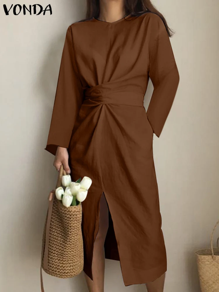 VONDA Elegant Shirt Dress 2023 Autumn Casual Loose Midi Dresses Fashion