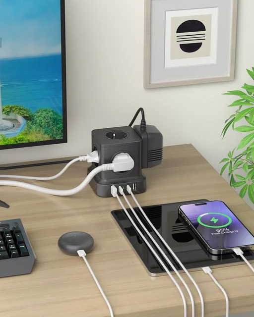 ซ็อกเก็ตแบบลูกบาศก์ที่มี4 USB (2 USB-C) และ5 AC รองรับการป้องกันการโอเวอร์โหลดเหมาะสำหรับบ้านและโรงเรียน 1