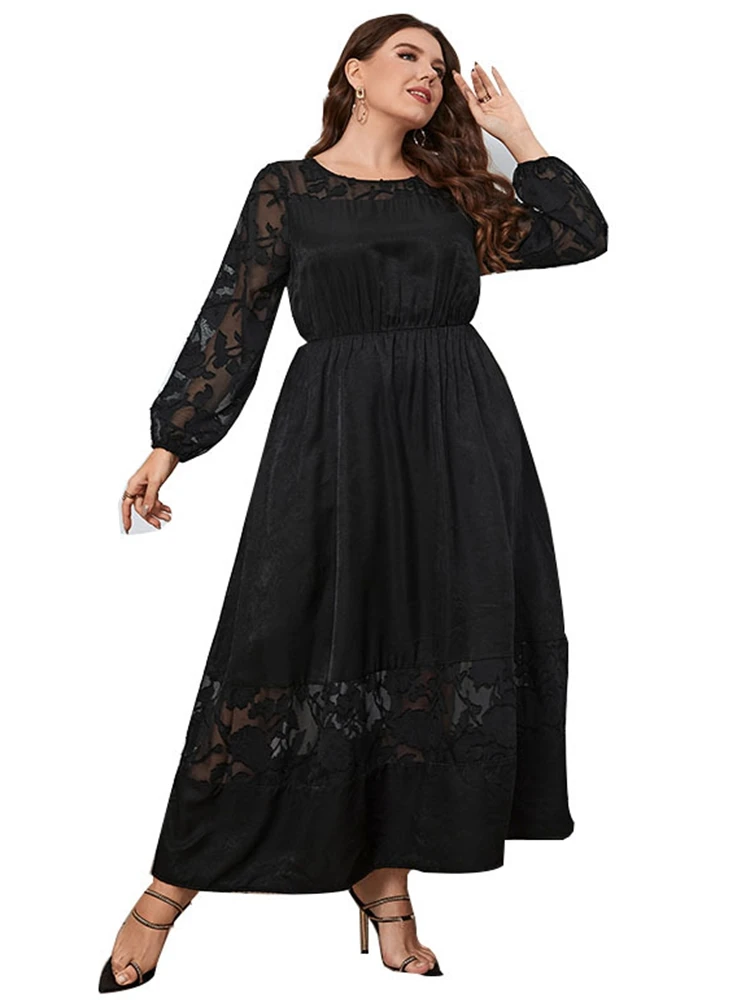 

Spring and autumn plus size fashion dress 5XL 6XL 7XL lace slim round neck long sleeve temperament high quality dress.