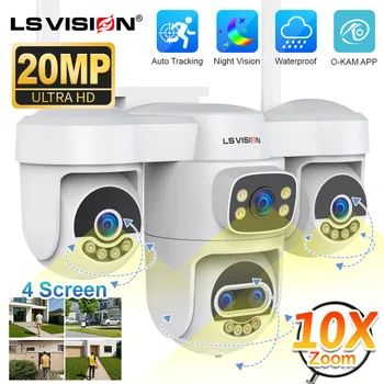 LS VISION 20MP 10X Zoom 3-PTZ Four Screens WiFi IP Camera Outdoor 5-Lens Human Auto Tracking CCTV Cam Support PC Client Okam Pro 1
