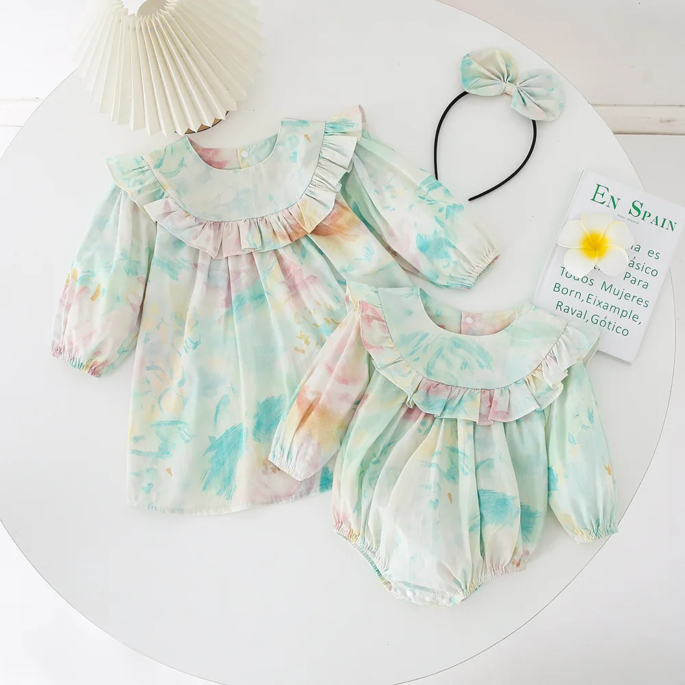 

2023 Autumn Little Girls and Big Girls Matching Outfits Newborn Boutique Romper Baby Girl One Piece Dress Twins Cotton Clothing