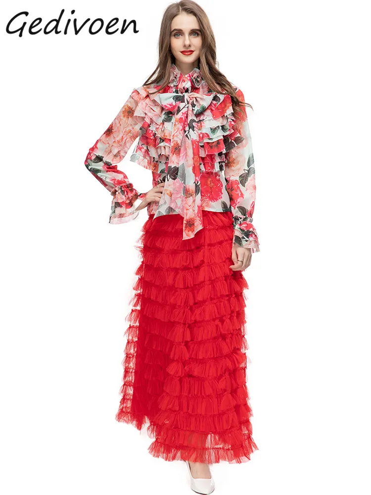 

Летний модный дизайнерский комплект Gedivoen из винтажной юбки с цветочным принтом, Женский Тонкий Топ с бантом + сетчатая юбка с эластичным поясом и оборками, комплект из 2 предметов