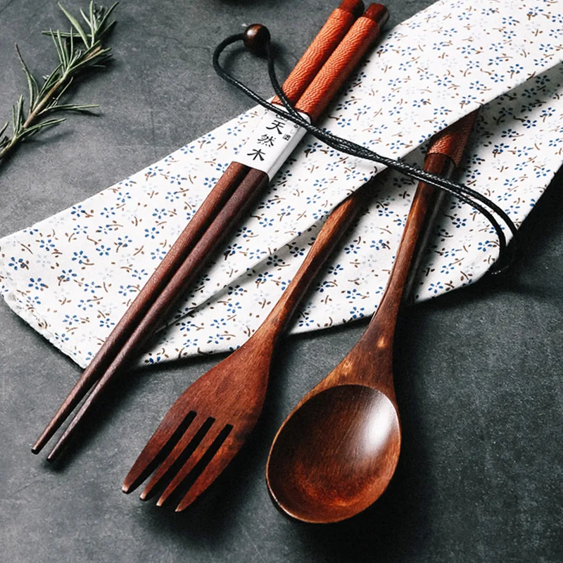 Cutlery set Wooden Cutlery Set Vintage Style Practical Tableware Dinnerware Cutlery for Kitchen Home Restaurant Chopsticks Fork Spoon 3pcs