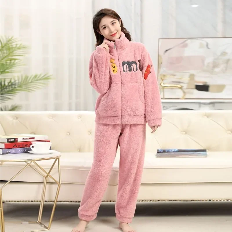 2024 New Coral Velvet Pajamas for Women in Autumn Winter Loungewear Thickened Warm Plush Sleepwear Flannel Zippered Homewear Set