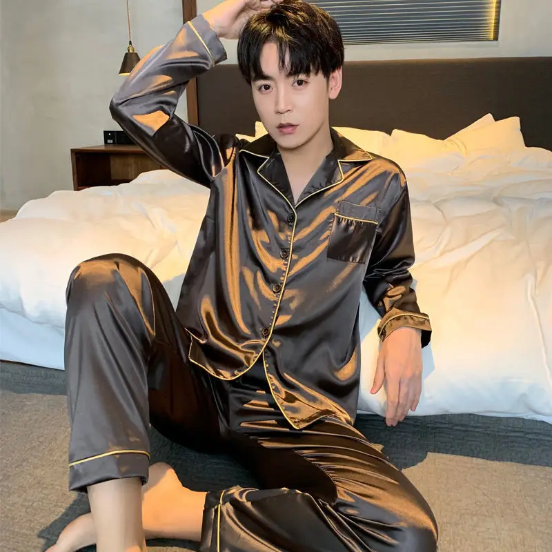 Men Pajama Sets Microfiber Sleepwear Sleeping Man Shirt Silk Long Sleeve Pyjama Male Home Wear Plus Size Loungewear Nightgown man pajamas set