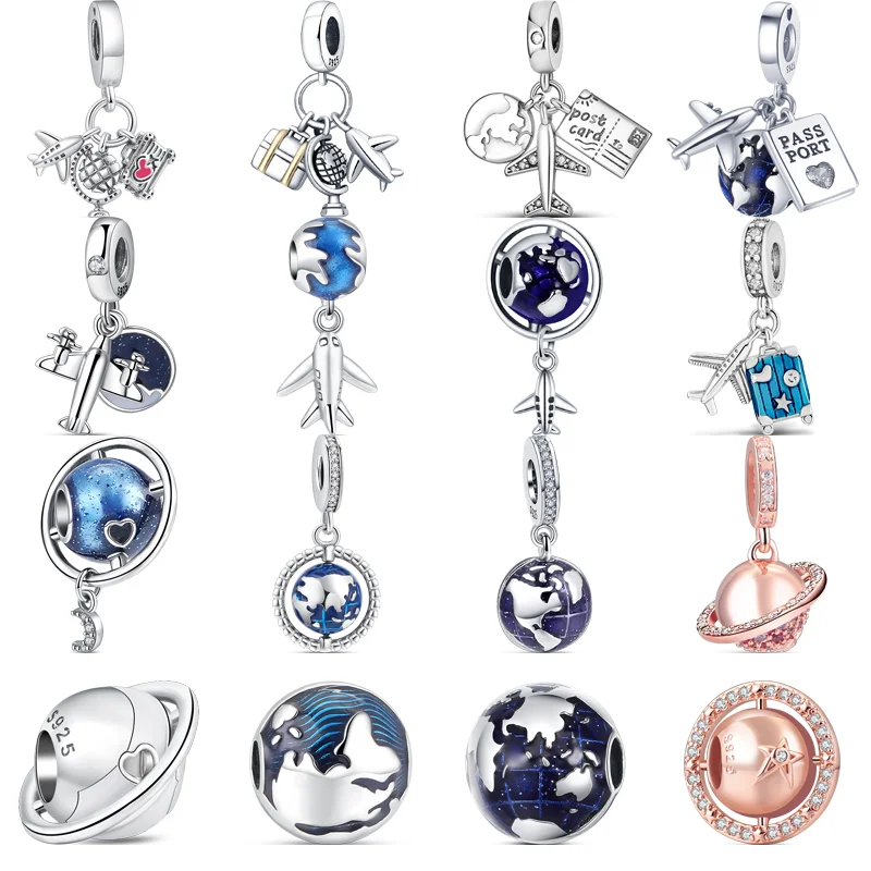 

925 Sterling Silver Blue Earth Airplane Globe Love Travel Dangle Charm Fine Beads Fit Original Pandora Bracelet Necklace Jewelry