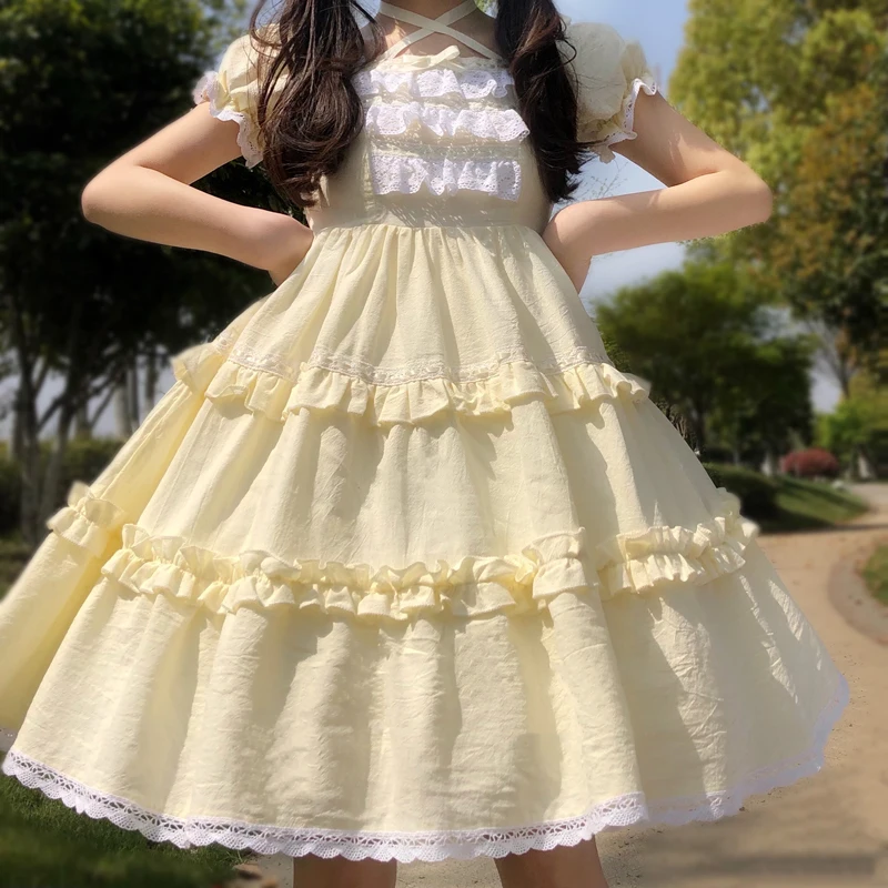 

Japanese Sweety Lolita Style Soft Girly Party Dress Kawaii Square Collar Lace Ruffles Cute Puff Sleeve Folds Dresses For Female