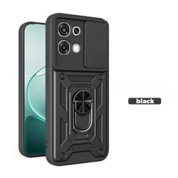 Enhanced Armor Protective Phone Case with Slide Lens Guard and Magnetic Holder Ring for OPPO A6 Pro 4G 5G (SJ - Black)
