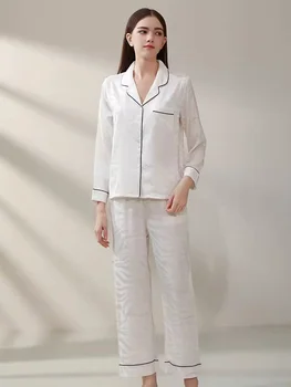 White LEOPARD Women's Pure Silk Two Piece Pajamas Long Sleeve Tops and Trousers Sleep Set Homewear Suit Sleepwear Pijamas Mujer