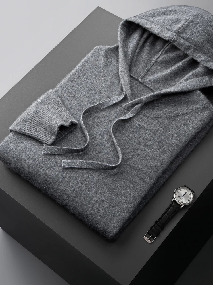 Autumn winter 100% cashmere Knitwear long sleeve hooded pullover men's sweater casual plus size warm shirt korean Men's clothing