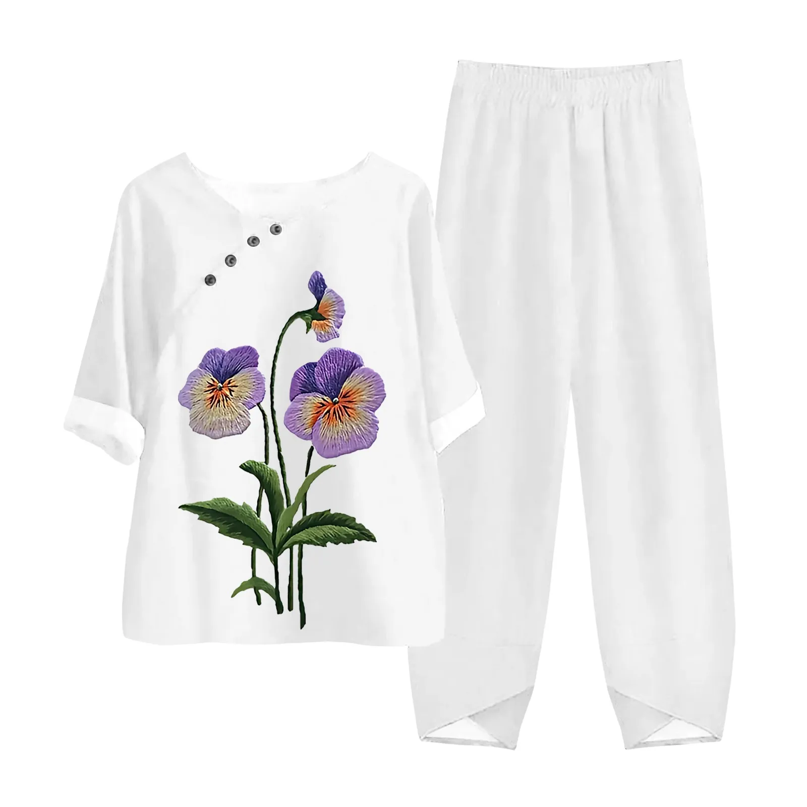 Summer Casual Two Piece Set Women Elegant O Neck Flower Print Loose T Shirt High Waist Loose Pants Suit Female Outfits