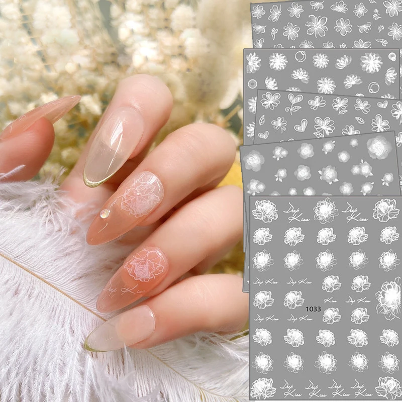 

White Translucent Flower Nail Sticker Fluorescent English Alphabet Nail Art Stickers Manicure Sliders DIY Self-adhesive Decal