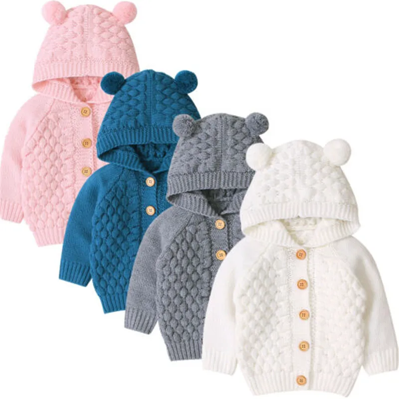 0-24months Newborn Baby Solid Color Sweater Coat Long Sleeve Thermal Hooded Knitted Sweater For Boys And Girls