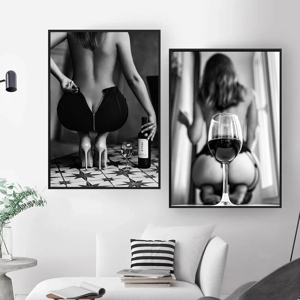 Zwart Wit Naakt Vrouwen Met Wijn Glas Posters En Prints Sexy Meisje Muur Art Naakte Lichaam Foto Voor Slaapkamer Thuis Cuadros| | - AliExpress