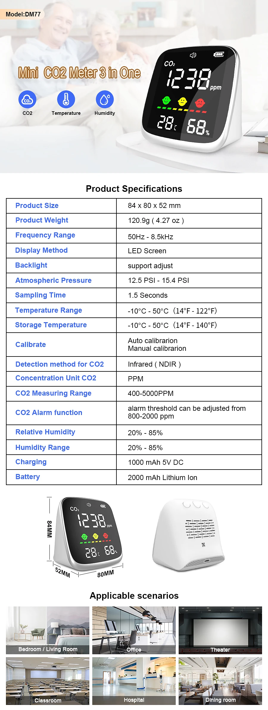 Description Picture 2 of itemGas Detector CO2 Quality Detector LED Display Temperature Humidity Sensor Tester Household CO2 Quality Monitoring Instruments