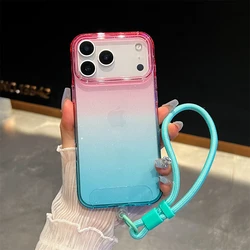 Gradient Colorful Transparent Shockproof Phone Case with Wrist Strap - iPhone 15 Plus (Pink Cyan)