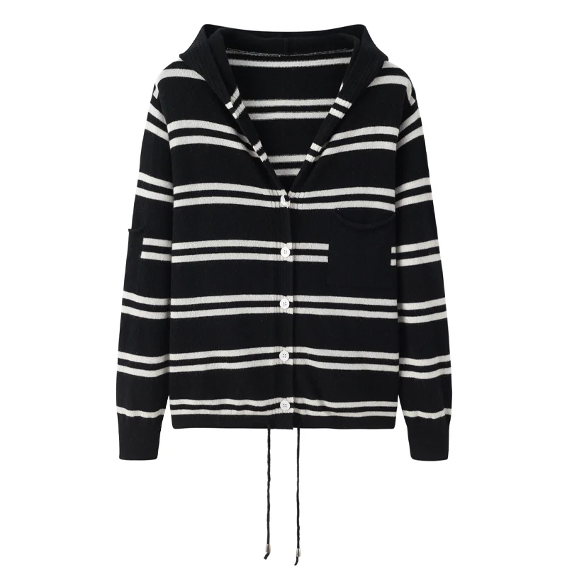 

100% Cashmere Sweater Cardigan Women Winter Warm Soft High Quality Luxury Striped Single Breasted Hooded Clothes Women