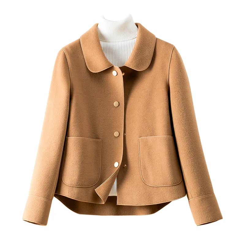 

2023 Autumn New Double-Sided Wool Coat Women's Short Doll Collar Woolen Coats Black Card igan Outerwear Female Clothes