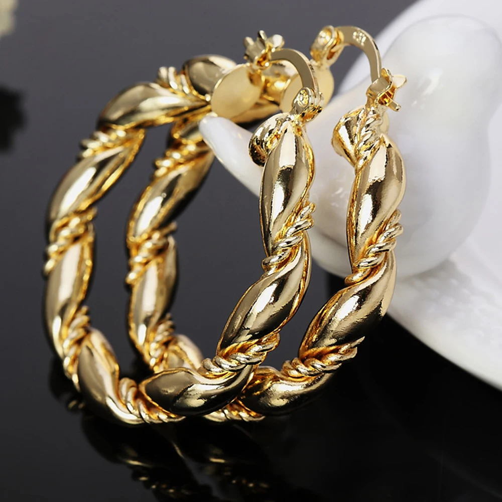 925 Silver/Gold Twisted Rope Loop 38mm Circle Hoop Earring For Women Fashion Wedding Engagement Party Jewelry
