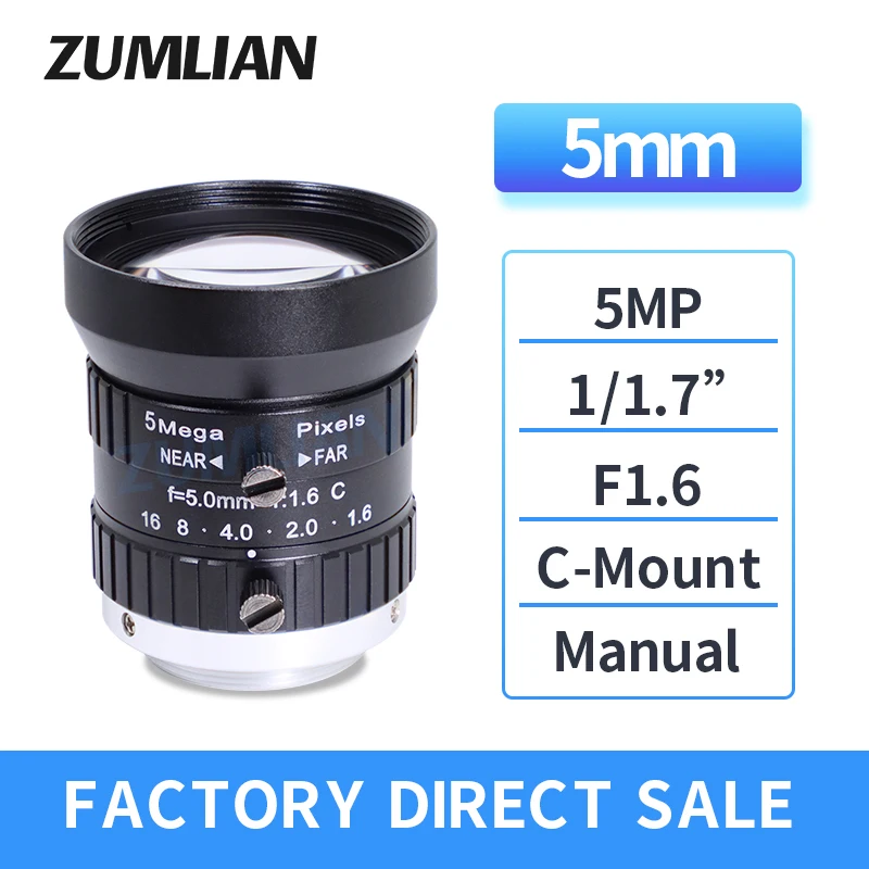 

ZUMLIAN 5mm Wide-Angle Lens 5MP 1/1.7 Inch for IMX226/IMX178 Sensor Camera F1.6 Manual Iris C Mount FA Lens Machine Vision