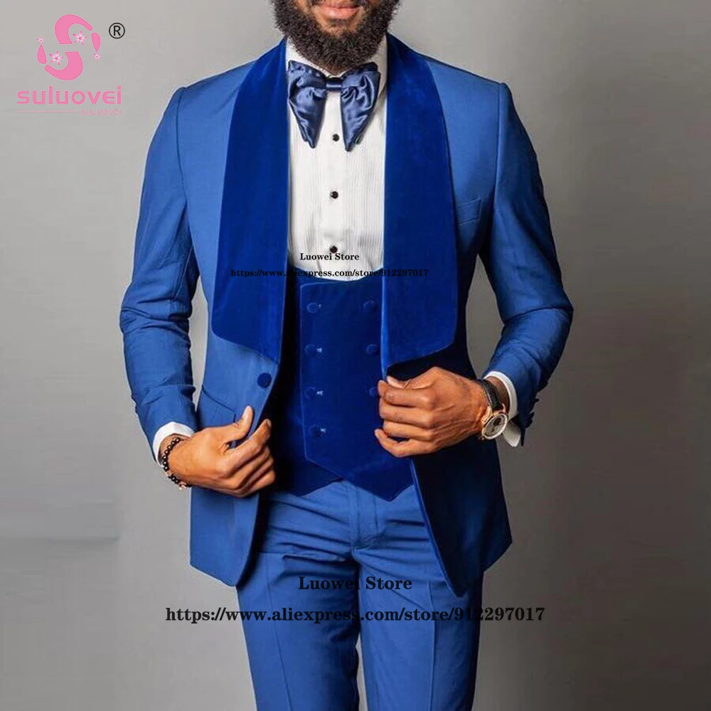 Fashion Wedding Shawl Lapel Suits For Men Velvet Slim Fit 3 Piece Pants Set Formal Groom Wedding Dinner Tuxedos Blazer Masculino