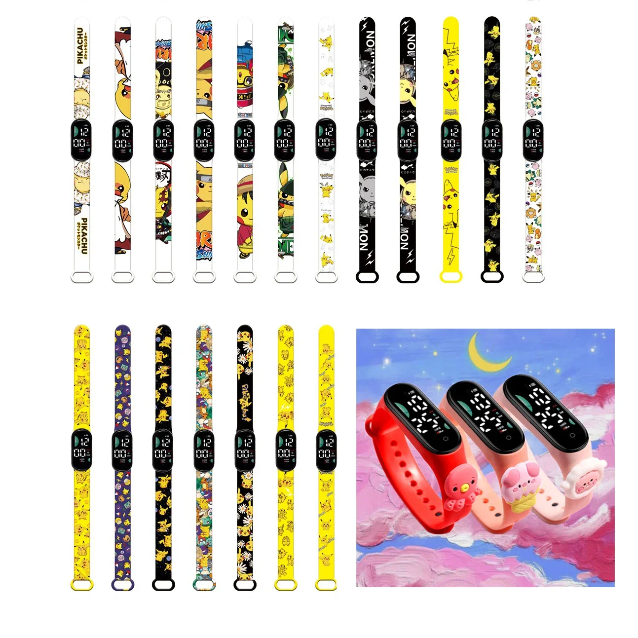 New Pokemon Child Watchs Anime Pikachu Cartoon Digital Electronic Led Student Silicone Wristband Kids Puzzle Toys Watch Gifts