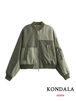 KONDALA Streetwear Armygreen Bomber Jackets Women Patchwork Zipper Pockets Oversized Jackets Fashion 2025 Winter Spring Coats 4